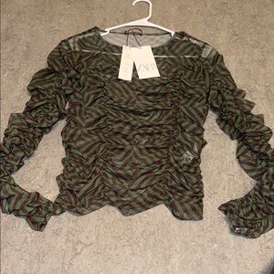 Zara Olive Green & Black Ruched Long Sleeve Sheer Top